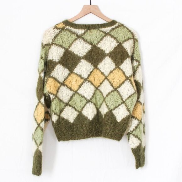 Vintage 80s Mohair Green and Yellow Diamond Button Front Cardigan Small - Picture 3 of 8
